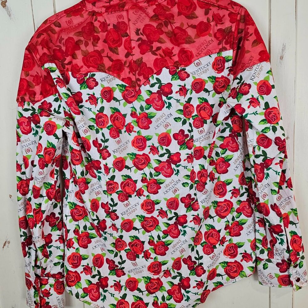 Kentucky Derby Rose Print Western Shirt Ella Johnsen Sheer Yoke Blouse Race Day - Picture 7 of 11